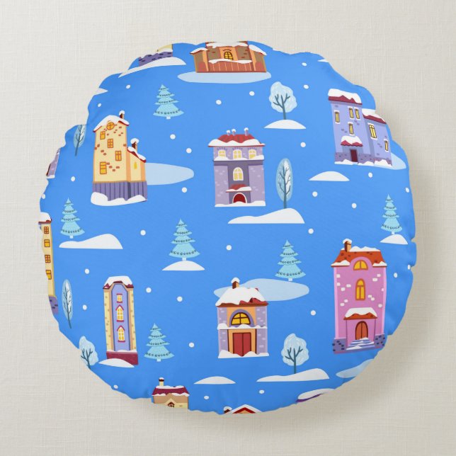 Hand drawn winter seamless pattern with cute Scand Round Cushion (Front)