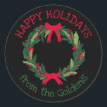 Hand Drawn Wreath CUSTOM Holiday Christmas  Classic Round Sticker<br><div class="desc">Use these sweet whimsical stickers for your holiday gifts, party invitations. Hand drawn by me for you. Fully editable, add your own text or background colour. Click "personalise" to edit the text, and you can also change the font or colour. THANK YOU FOR SUPPORTING INDEPENDENT ARTISTS! All artwork and designs...</div>