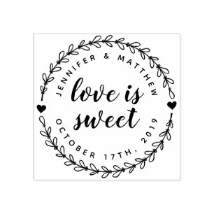Hand Drawn Wreath & Elegant Script Wedding Date Rubber Stamp