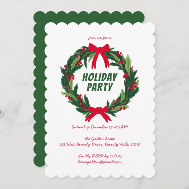 Hand Drawn Wreath Holiday Christmas Party CUSTOM  Invitation (Front/Back)