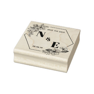 Hand drawn wreath monogram hexagon floral flowers rubber stamp