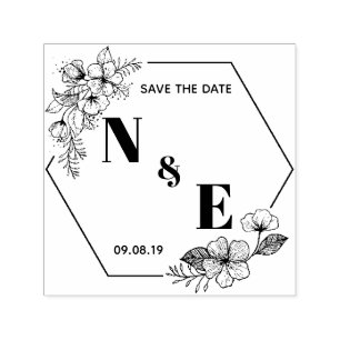Hand drawn wreath monogram hexagon floral flowers self-inking stamp