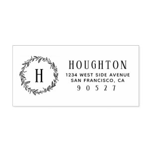 Hand-drawn Wreath Monogram Return Address Rubber Stamp