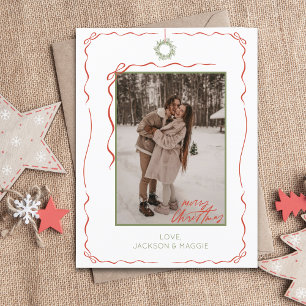 Hand Drawn Wreath Red Bow Photo Christmas Postcard