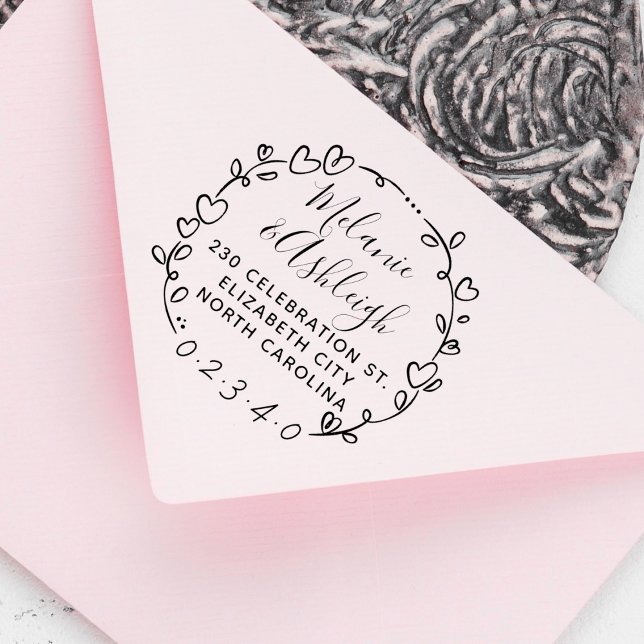 Hand Drawn Wreath Wedding Names Return Address Rubber Stamp (Creator Uploaded)