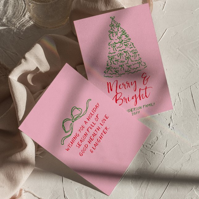 Hand Drawn Written Red Pink Bows Tree Christmas Holiday Card (Creator Uploaded)