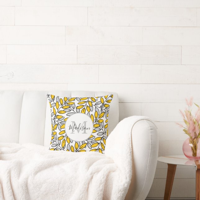 Hand Drawn Yellow Grey Leaves Pattern  Cushion (Couch)