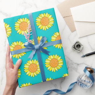 Hand Drawn Yellow Orange Aqua Sunflower Pattern  Wrapping Paper