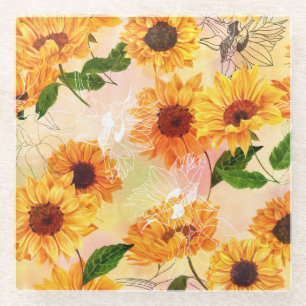 Hand-Drawn Yellow Sunflowers Watercolor Pattern Glass Coaster