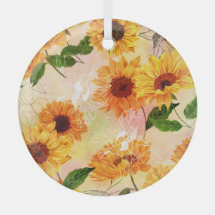 Hand-Drawn Yellow Sunflowers Watercolor Pattern Glass Tree Decoration