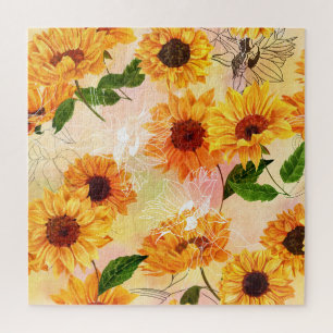 Hand-Drawn Yellow Sunflowers Watercolor Pattern Jigsaw Puzzle