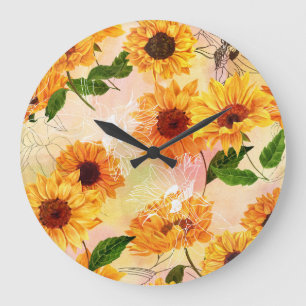 Hand-Drawn Yellow Sunflowers Watercolor Pattern Large Clock