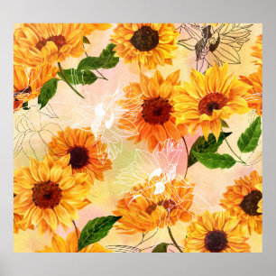 Hand-Drawn Yellow Sunflowers Watercolor Pattern Poster