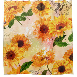 Hand-Drawn Yellow Sunflowers Watercolor Pattern Shower Curtain