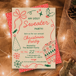 Hand Drwan Christmas Doodles Ugly Sweater Party Invitation