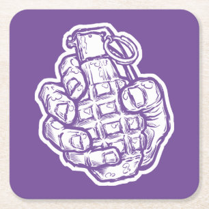 Hand Grenade In Comics Style Square Paper Coaster