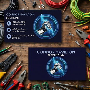 Hand Hold Blue Lightning Electrician Business Card