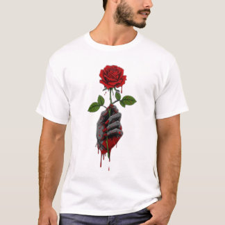 Hand Holding a Thorny Rose with Blood Illustration T-Shirt
