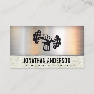 Hand Holding Dumbbell Metallic Grunge Business Card