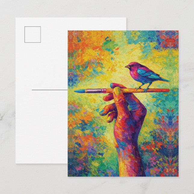 Hand Holding Paintbrush with Bird Creative Postcard (Front/Back)