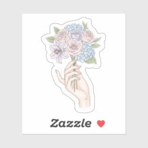 Hand Holding Pastel Flower Bouquet Retro Sticker