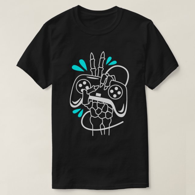 Hand Holding Video Game Controller with Neon Colou T-Shirt (Design Front)