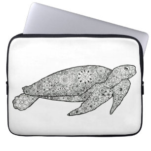 Hand Illustrated Artsy Floral Sea Turtle Laptop Sleeve
