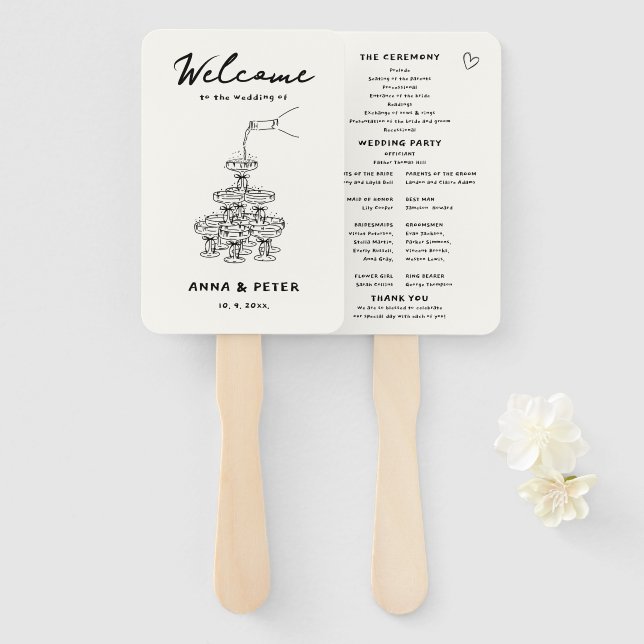 Hand-illustrated Champagne Funny Wedding Program Hand Fan (Front and Back)
