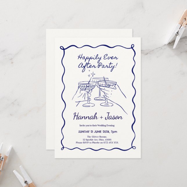 Hand Illustrated Fun Wedding Evening Invitations (Front/Back In Situ)