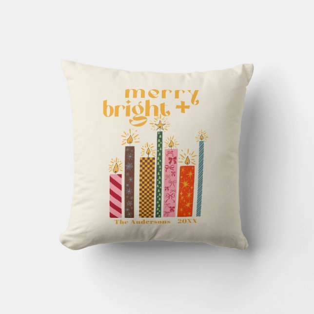 Hand-Illustrated Merry + Bright Christmas  Cushion (Front)