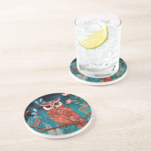Hand-illustrated owl by the artist - Boho Nature Coaster