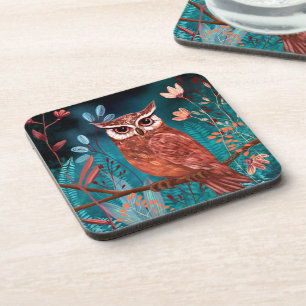 Hand-illustrated owl by the artist - Boho Nature Coaster