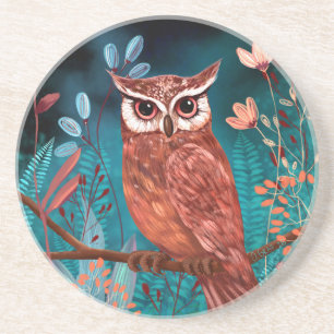 Hand-illustrated owl by the artist - Boho Nature Coaster
