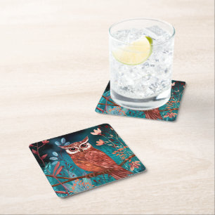 Hand-illustrated owl by the artist - Boho Nature Square Paper Coaster