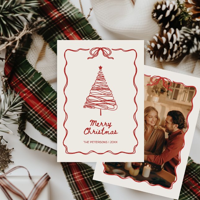 Hand-illustrated Red Festive Photo Christmas  Holiday Card (Hand-illustrated Hand-drawn Vintage Retro Red Christmas Card with Photo Unique Aesthetic)