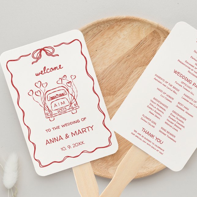 Hand-illustrated Retro Drawing Red Wedding Program Hand Fan (Hand illustrated Wedding Program on Hand Fans in Red Whimsical Funky Retro French Vintage Wedding)