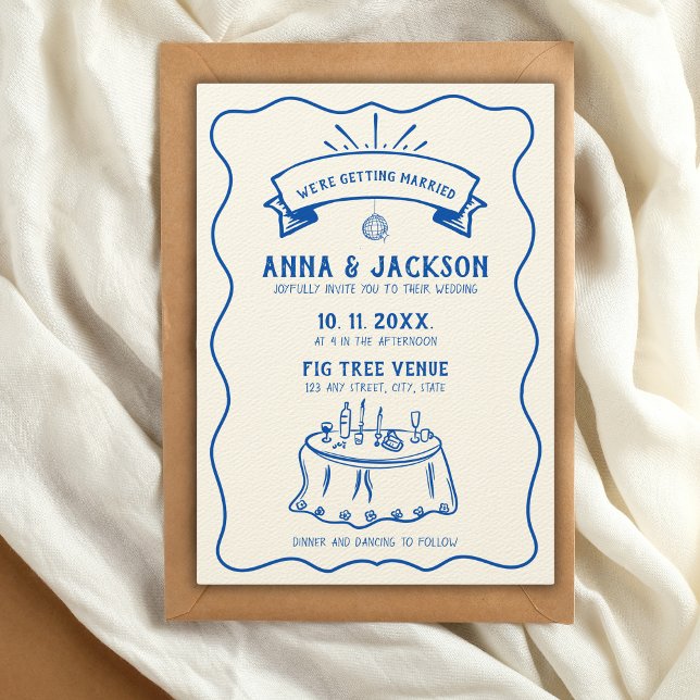 Hand Illustrated Retro Vintage Quirky Blue Wedding Invitation (blue and creamy white quirky wedding invitations hand illustrated)