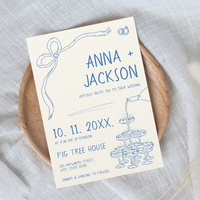 Hand Illustrated Vintage French Blue Wedding Invitation (Vintage French Hand-illustrated wedding invitation with blue tones)