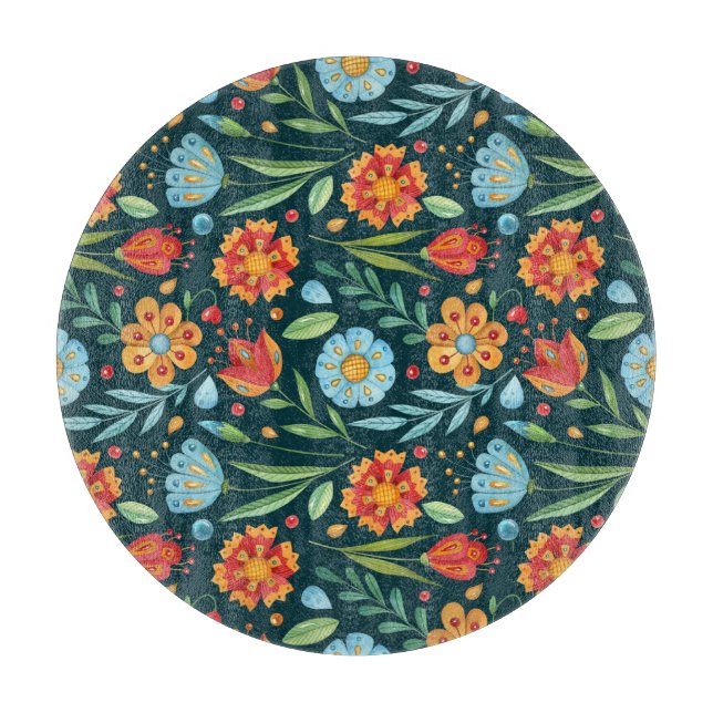 Hand-Illustrated Watercolor Flower Pattern Cutting Board (Front)