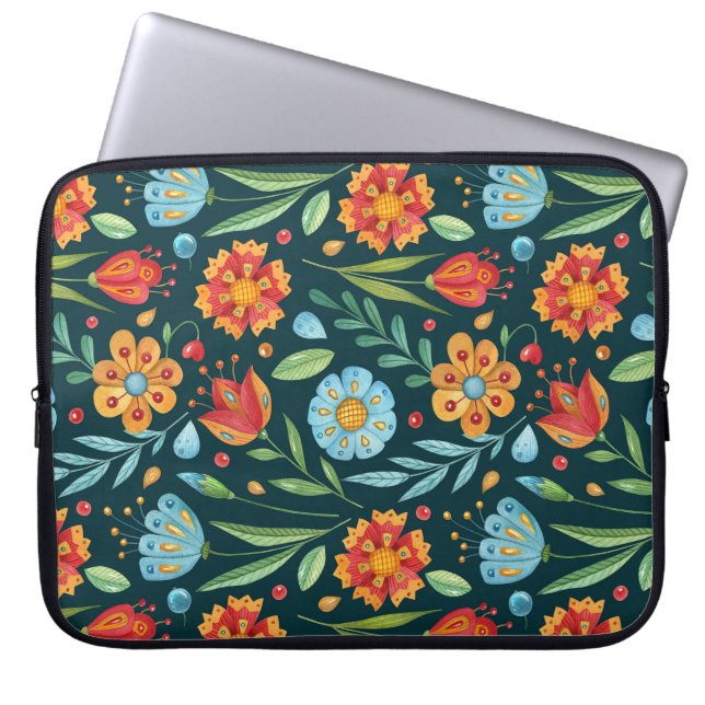 Hand-Illustrated Watercolor Flower Pattern Laptop Sleeve (Front)