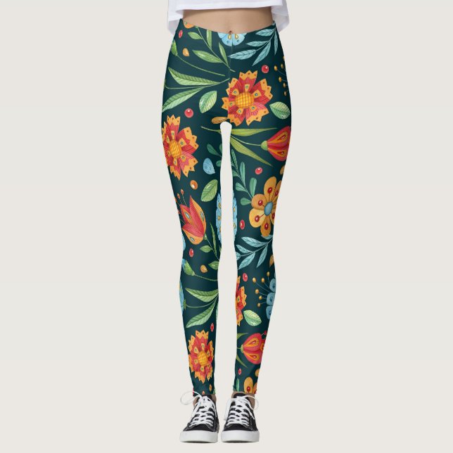 Hand-Illustrated Watercolor Flower Pattern Leggings (Front)