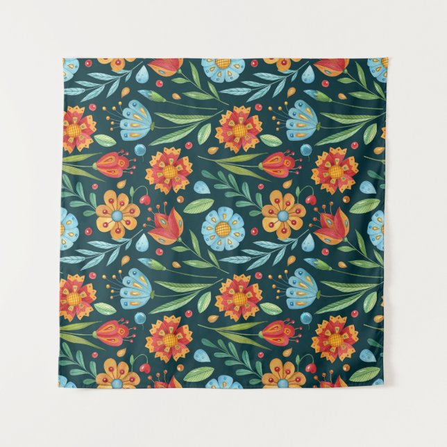 Hand-Illustrated Watercolor Flower Pattern Tapestry (Front)