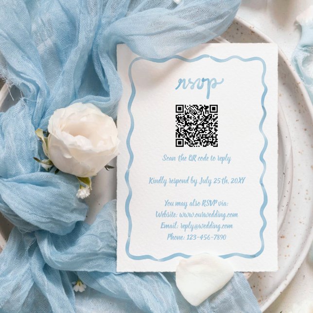 Hand Illustrated Wavy Frame Light Blue QR Code RSVP Card (Creator Uploaded)