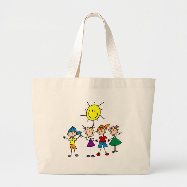 Hand in Hand Stick Figure Kids Tshirts and Gifts Large Tote Bag (Front)