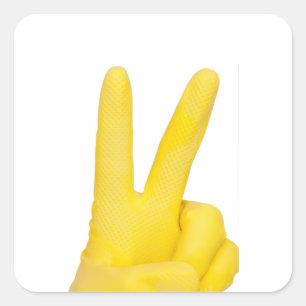 Hand in yellow latex glove square sticker
