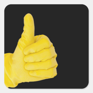 Hand in yellow latex glove square sticker