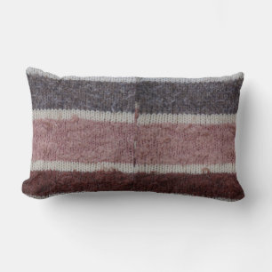 hand knitted brown and biege striped design lumbar cushion