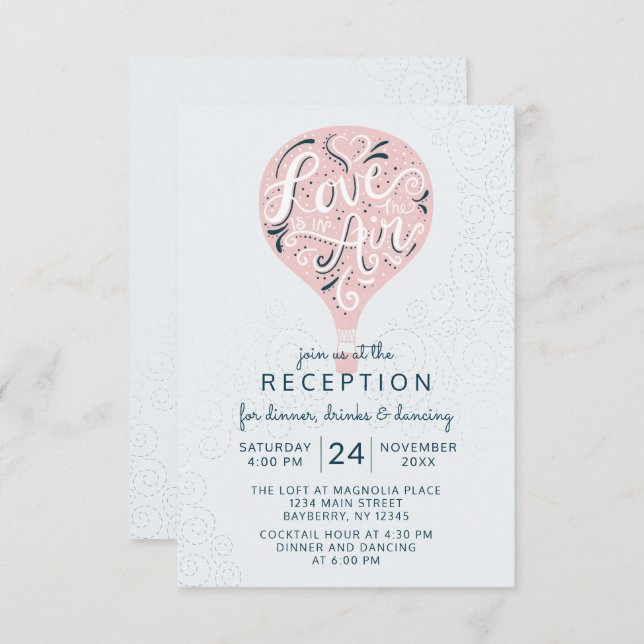 Hand Letter Pink Hot Air Balloon Wedding Reception Invitation (Front/Back)