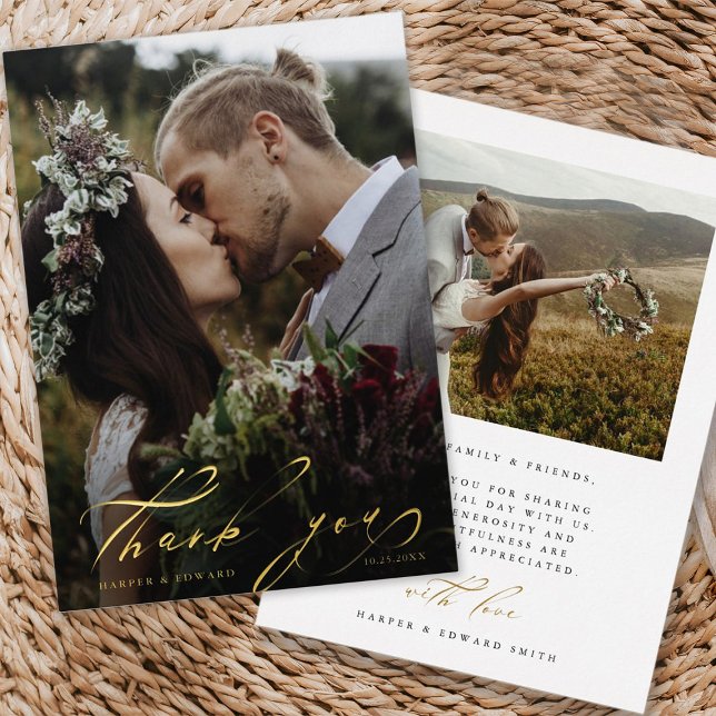 Hand Lettered 2 Photo Wedding Thank You Foil Card  (Front & Back)