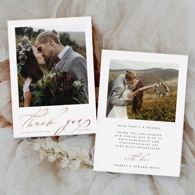 Hand Lettered 2 Photo Wedding Thank You Foil Card  (Front & Back)